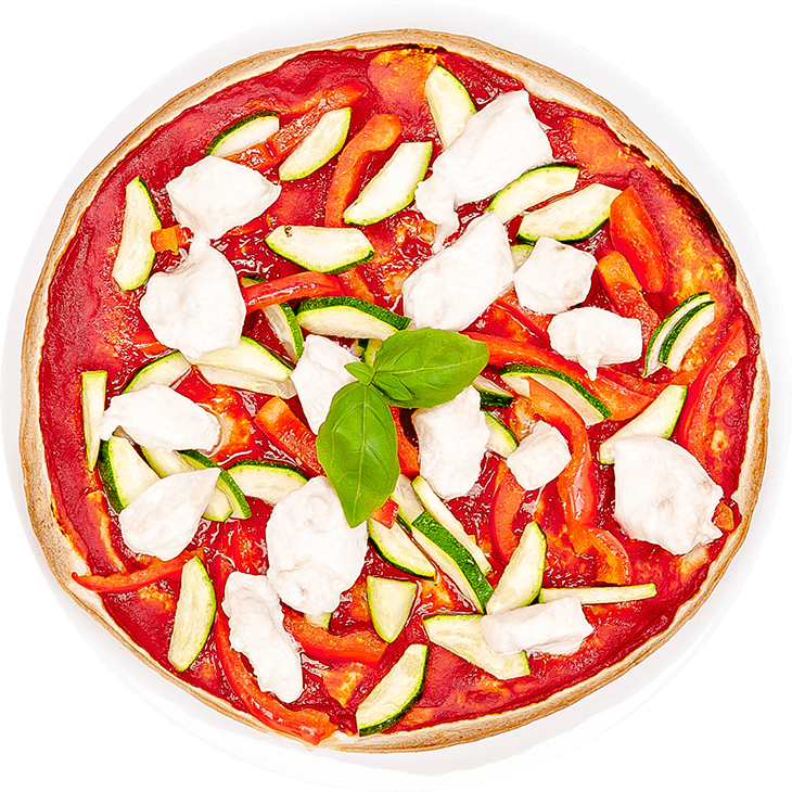 Pizza auf Tortille mit Hähnchen, Paprika und Zucchini