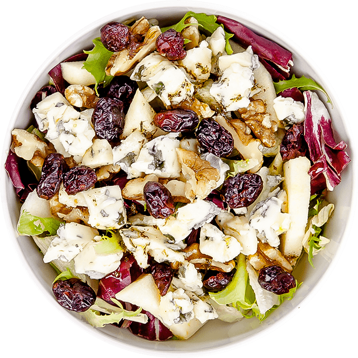 Salat mit Gorgonzola-Käse, Apfel, Nüssen und Preiselbeeren