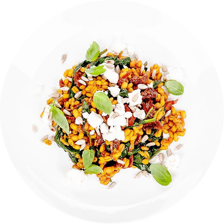 Barley with feta cheese, spinach and dried tomatoes