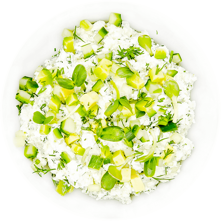 Cottage white cheese with avocado and cucumber