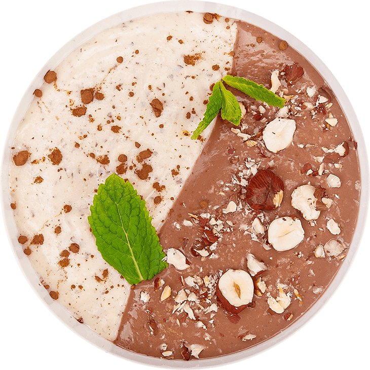 Millet pudding with almond milk, chocolate and nut mousse