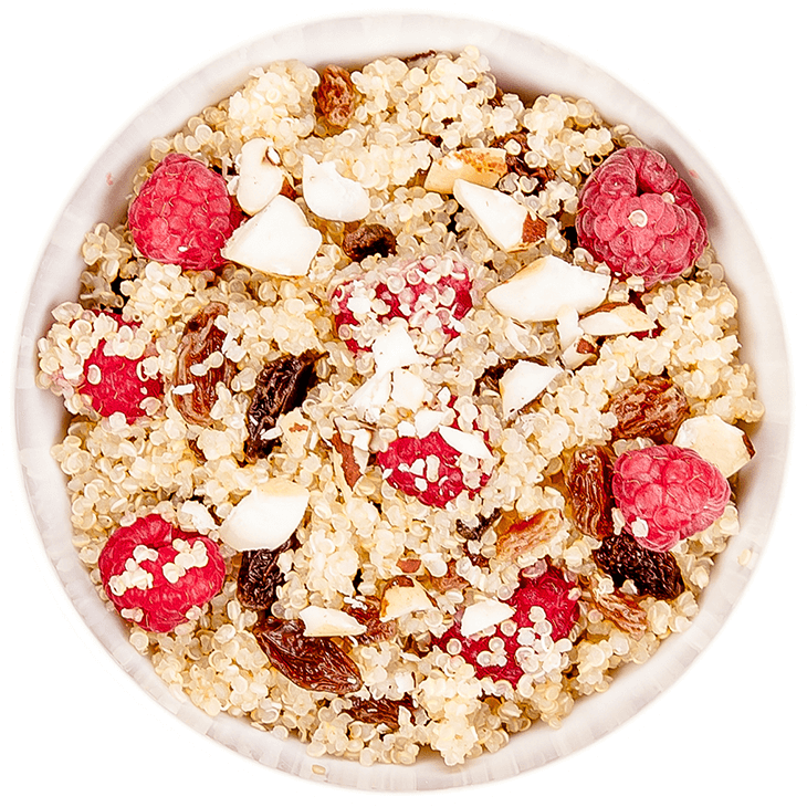 Quinoa porridge with raspberries, Brazil nuts and raisins