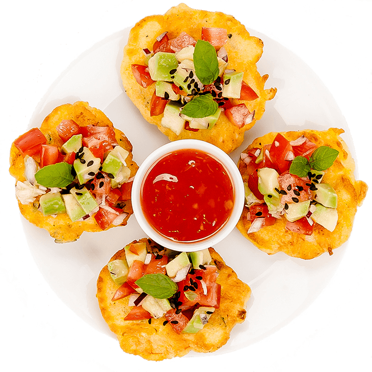 Shrimp fritters with tomato and avocado salsa