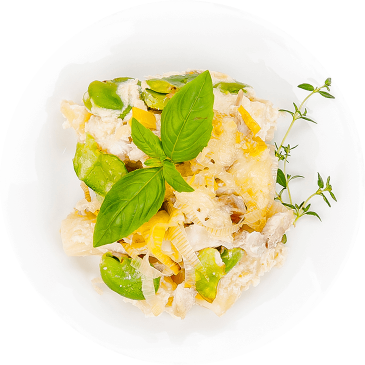 Baked rigatoni with leek cream and chicken (Rigatoni gratinati con crema di porri e pollo)