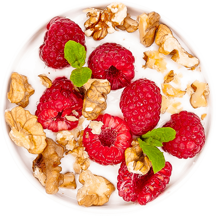 Buttermilk with raspberries and walnuts