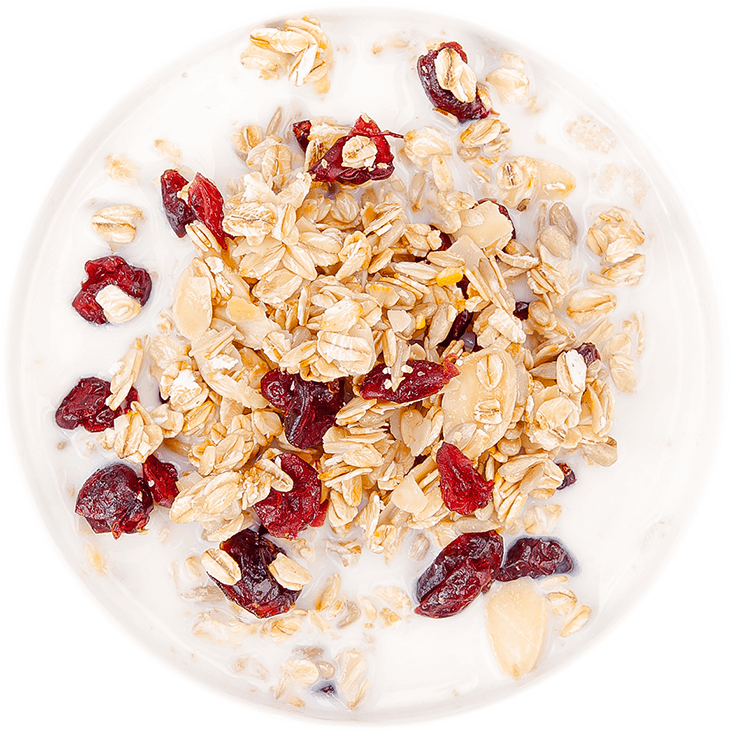 Roasted muesli with cranberries, sunflower seeds and almond milk