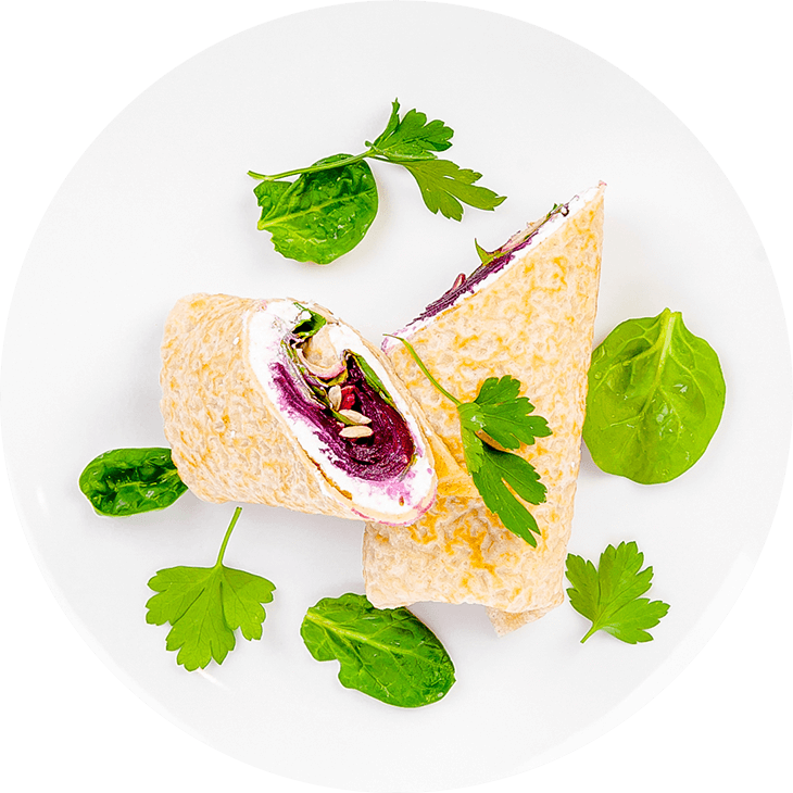 Crepes with goat's cheese, beetroot and spinach