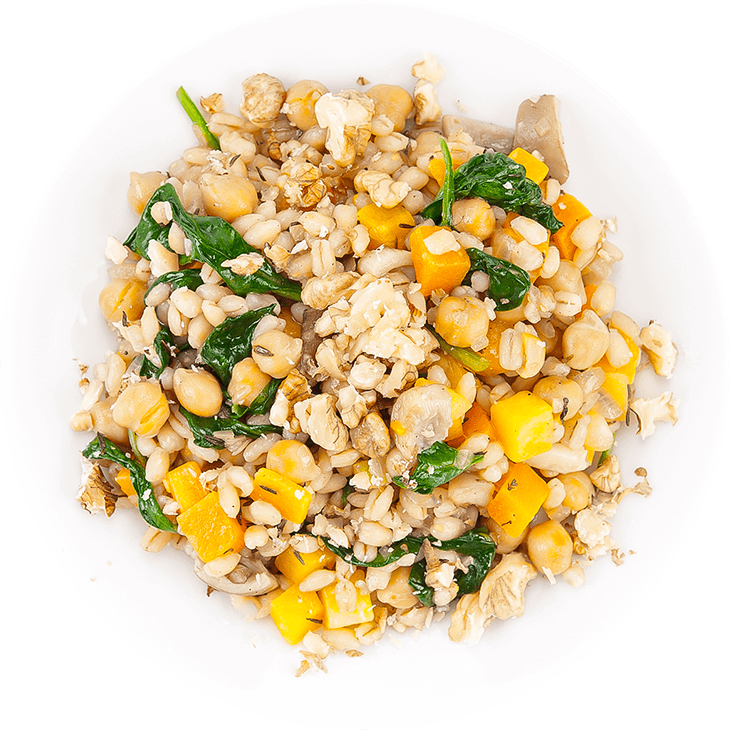 Pearl barley with pumpkin, mushrooms, chickpeas and spinach