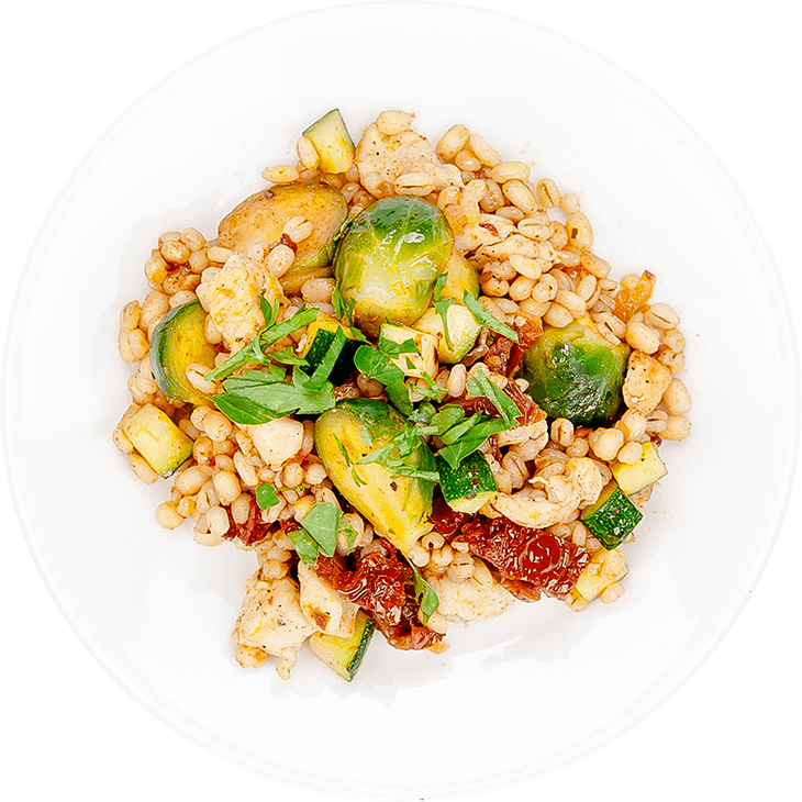 Barley with chicken, courgette and Brussels sprouts 