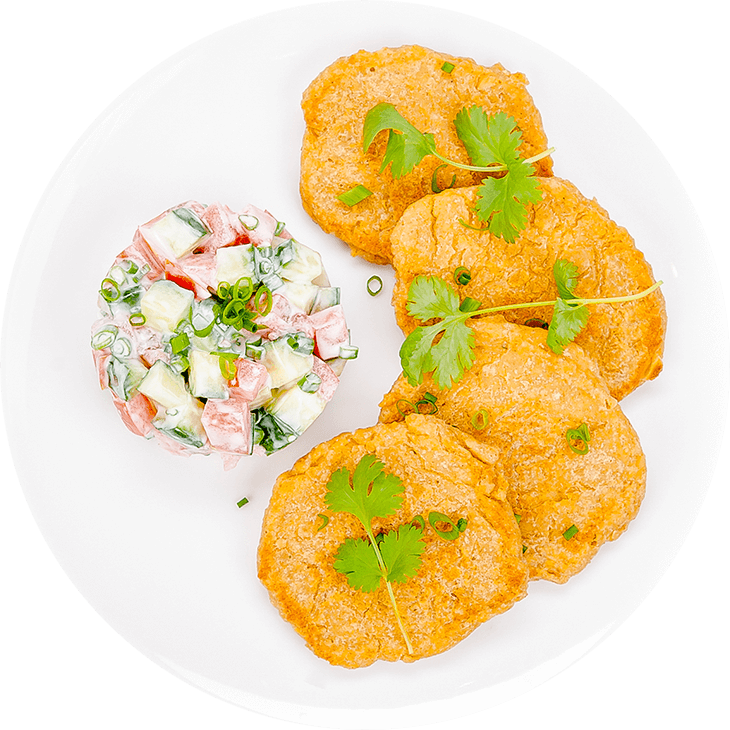 Chickpea fritters with tomato and cucumber salad