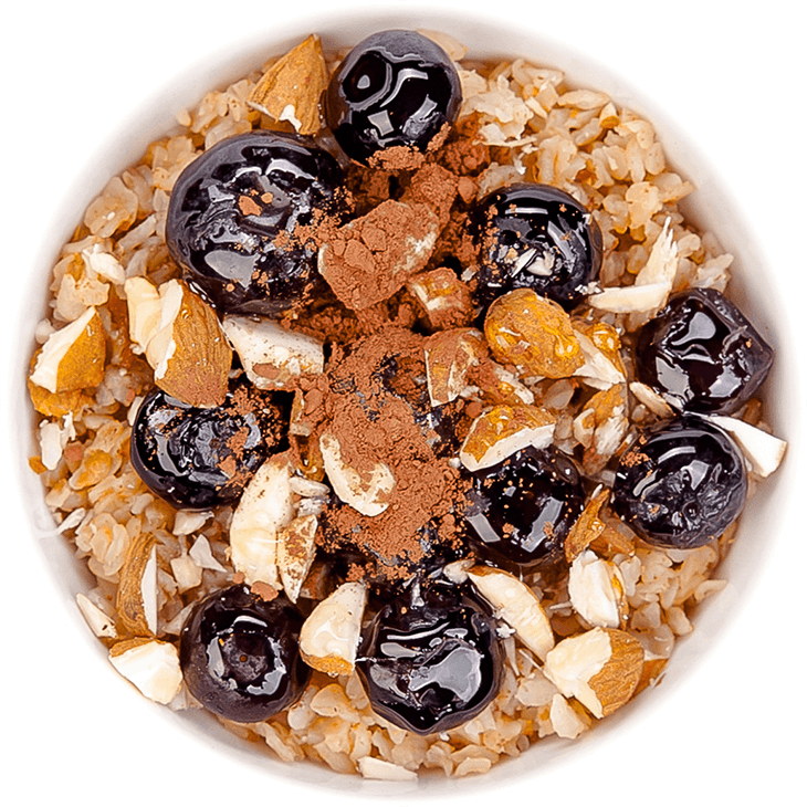 Buckwheat flakes with blueberries, cocoa powder and almonds