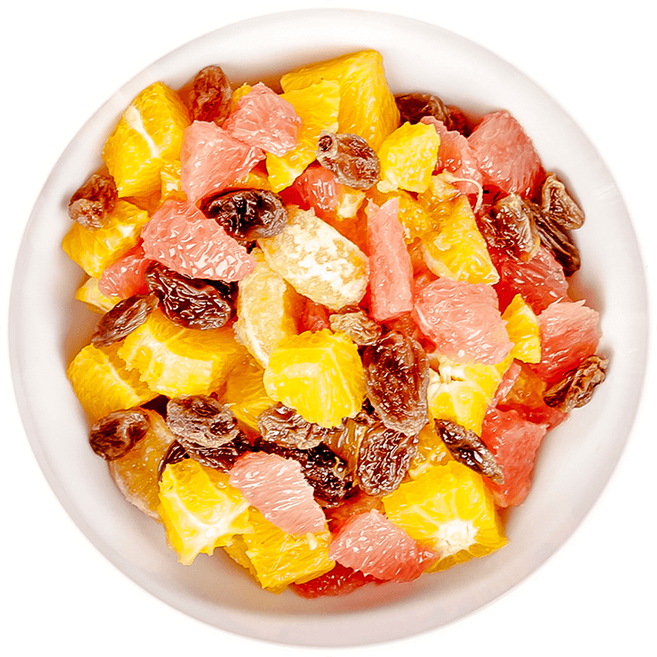 Fruit salad with orange, grapefruit, mandarin and raisins
