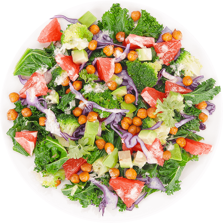 Salad with chickpeas, kale, broccoli and grapefruit