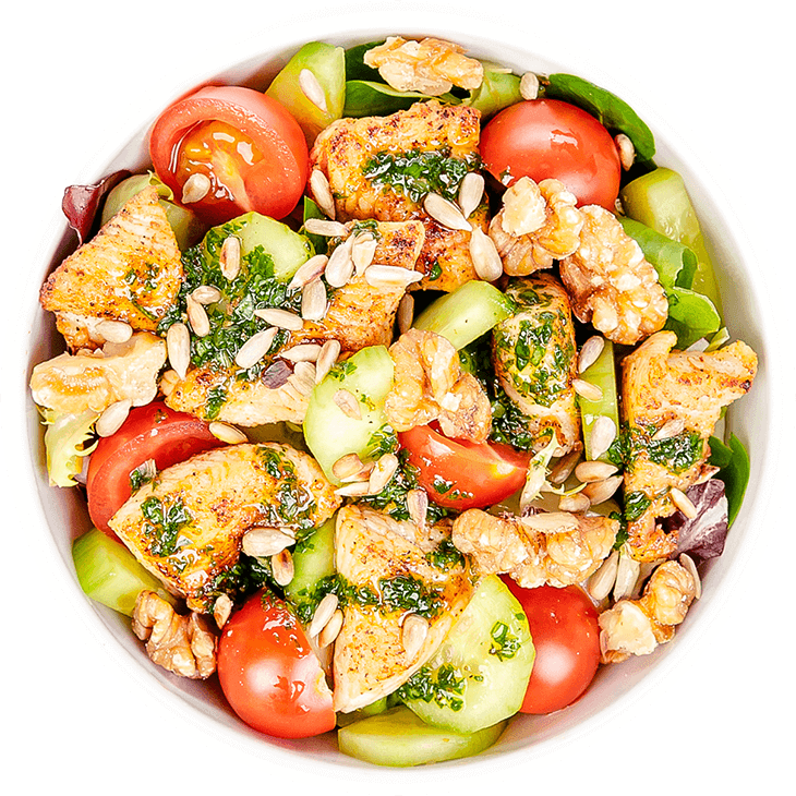 Salad with turkey, cucumber, cherry tomatoes and walnuts