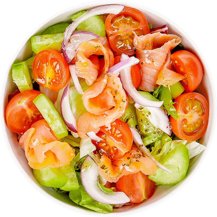 Salad with smoked salmon, cucumber, onion and cherry tomatoes