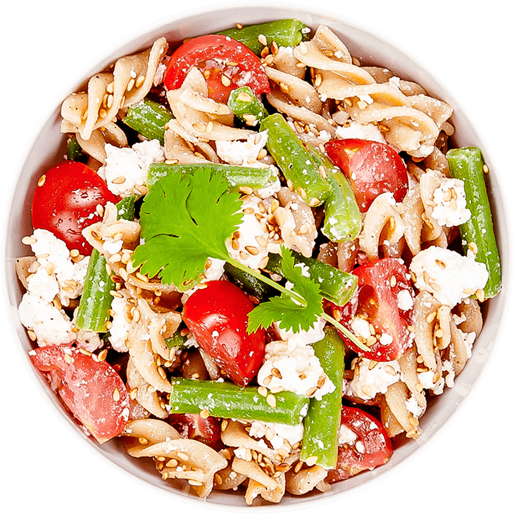 Salad with pasta, cottage white cheese and green beans
