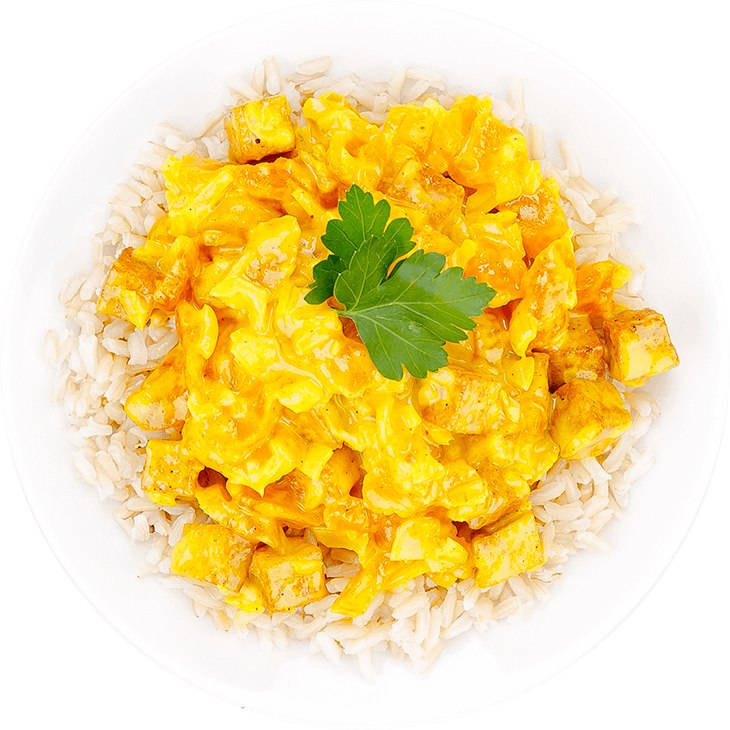 Tofu in apricot and coconut sauce with brown rice