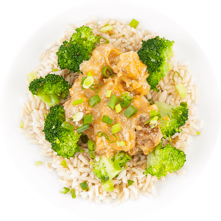 Tofu in peanut butter sauce with brown rice and broccoli