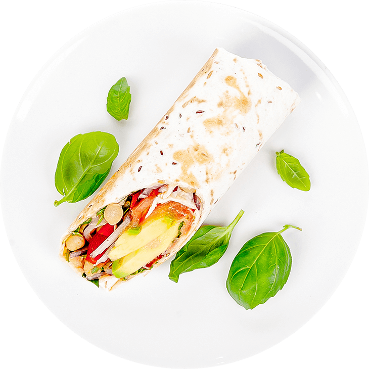 Tortilla wrap with chickpeas, avocado, pepper, tomato, rocket and onion