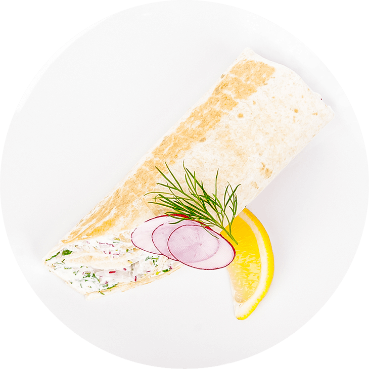 Tortilla wrap with salmon, cream cheese, rocket, radish and dill