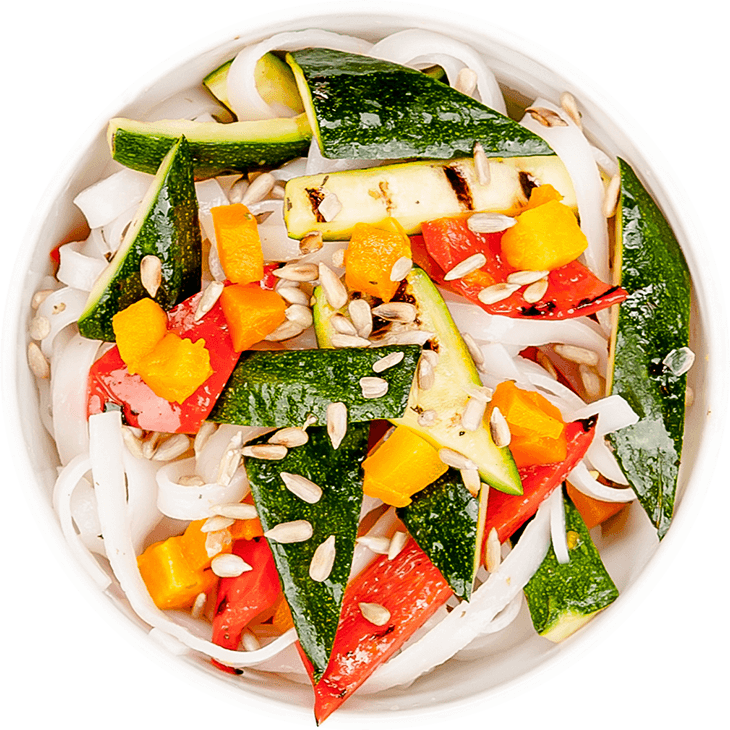 Rice noodles with grilled vegetables and pumpkin